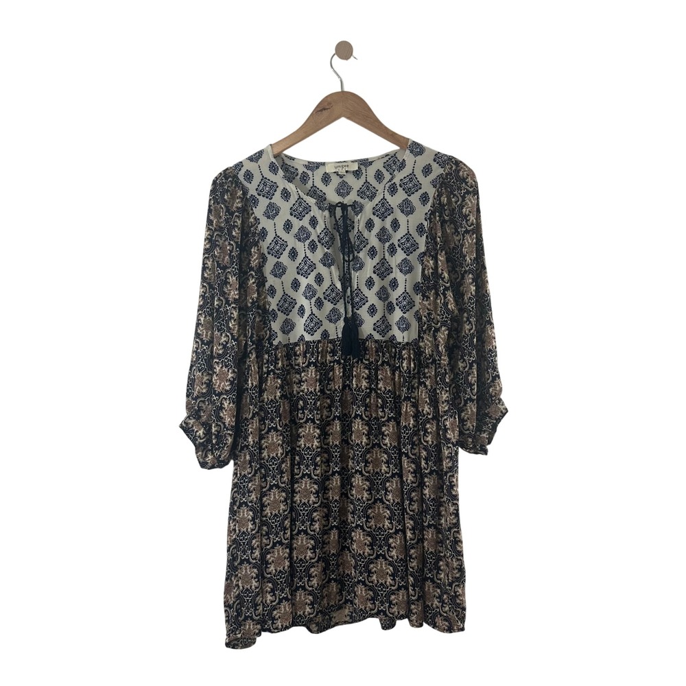 Umgee USA Mixed Print Boho Tunic Dress Navy Blue Brown Tassel Split Neck Large